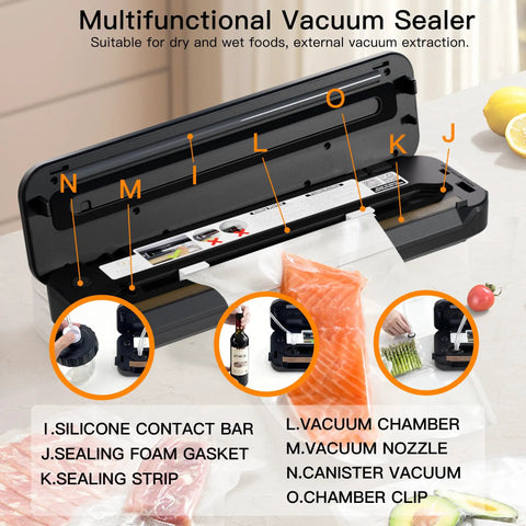 No Sweat Automatic Vacuum Sealer That Works Like A Charm With 80Kpa Suction, showing detailed parts like sealing strip and vacuum chamber.