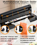 Heavy Duty Vacuum Sealer Machine With Slick One Touch Control And Built In Cutter bags for meal prepping, featuring controls and salmon.