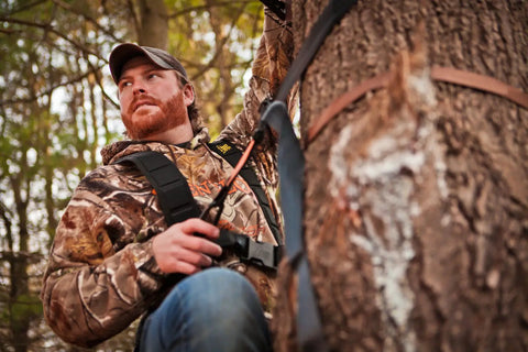 Hunter using LCS Lineman's Climbing Strap for Tree Stand Safety and Quick-Adjust Fit, Heavy-Duty Hunting Gear in action outdoors