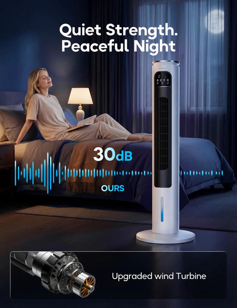 Portable AC Unit With Remote 37 Inch Ventless Evaporative Cooler Quiet in bedroom scene, showing nighttime use and noise level