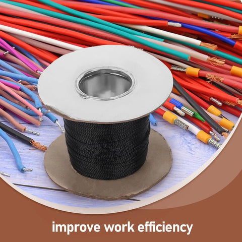 Flame Retardant Braided Cable Sleeve For Power Cords And Data Cables Breathable Mesh Wire Protector Tube on a spool with various wires.