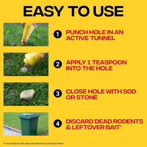 Instructions for using Outdoor Mole And Gopher Poison Peanut Bait 4 Pack With Cone Tip For Hole Access Easy To Apply