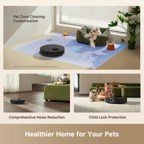 Front view: DREAME L40 Ultra Gen 2 robot vacuum and mop, black, on blue pet-cleaning mat beside a dog bed