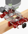 Ultra Premium Adjustable Dual Fence Mortise Base For Plunge Routers With 3/8 Guide Rods on wood for precise mortising.