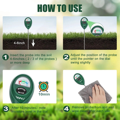 Instructions for using the Two Pack Soil Moisture Meter For Gardens And Lawns, Easy To Read Plant Water Monitor, Hygrometer Sensor.