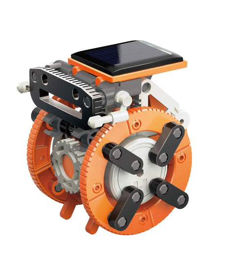 Eight In One Solar Robot Kit For STEM Fans Super Easy To Build Eight Solar Powered Robots In Minutes No Batteries Needed Solar Panel Included Learn Solar Energy And Tech With A Drummer Bot Racer Bot Tank Bot Armadillo Bot Dino Bot And More., orange solar robot with twin wheels and panel