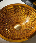 Bathroom Vessel Sink Vanity Tempered Glass Vessel Bowl Sink Round Countertop Sink Bowl Above Counter Sink Art Basin with golden design.
