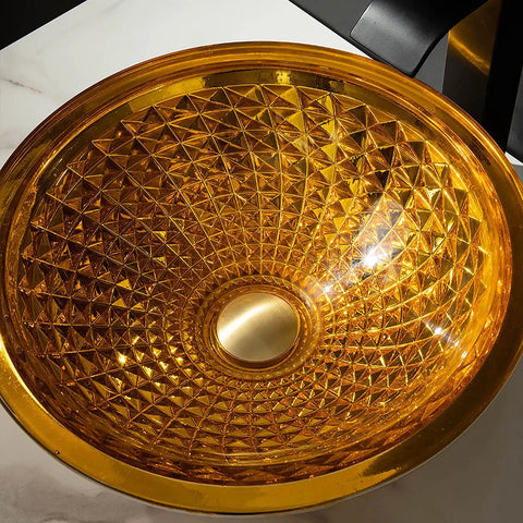 Bathroom Vessel Sink Vanity Tempered Glass Vessel Bowl Sink Round Countertop Sink Bowl Above Counter Sink Art Basin with golden design.