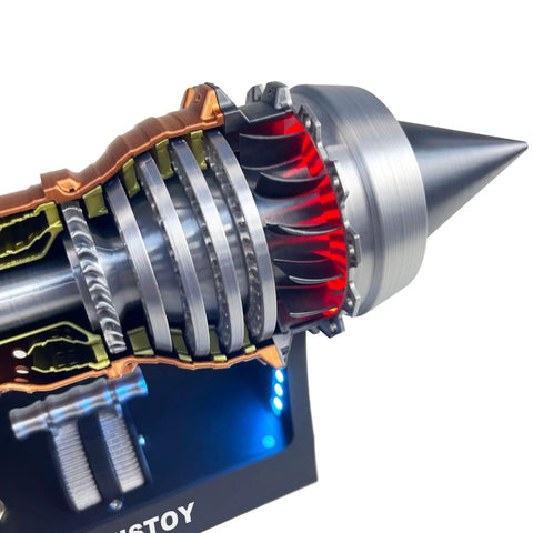 Close-up of TR900 Turbofan Engine Kit For Aviation Nerds And Gearheads Realistic Jet Engine DIY Model highlighting turbine detail