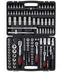 Open case of All In One Pro Grade 171 Piece Socket Set with quick release ratchet and bi-material rubber handle and various socket sizes.