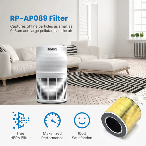 Room with air purifier and True HEPA Replacement Filter For RP-AP089W And RP-AP089B Air Purifiers With 5 Stage Filtration, Pet Hair Removal, Compatible With Air Quality Monitor And Smart Auto Mode, RP-AP089-F1-2, 2 Pack