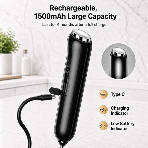Rechargeable Handheld Coffee Frother Wand Detachable Whisk Mixer For Latte Cappuccino Matcha Protein Shakes Matte Black USB-C charging port shown.