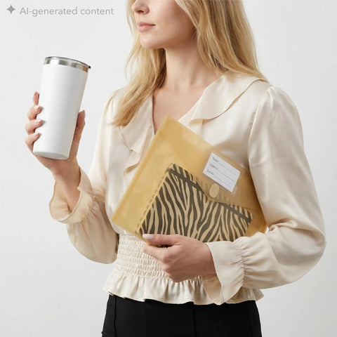 Woman holding a tumbler and clutching a clear poly envelope from the 10-pack for A4 and letter size, showcasing quick filing usage.