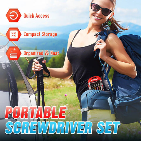 Hiker with backpack displaying Magnetic Mini Screwdriver Set Six Piece Precision Kit in pocket on a sunny day.