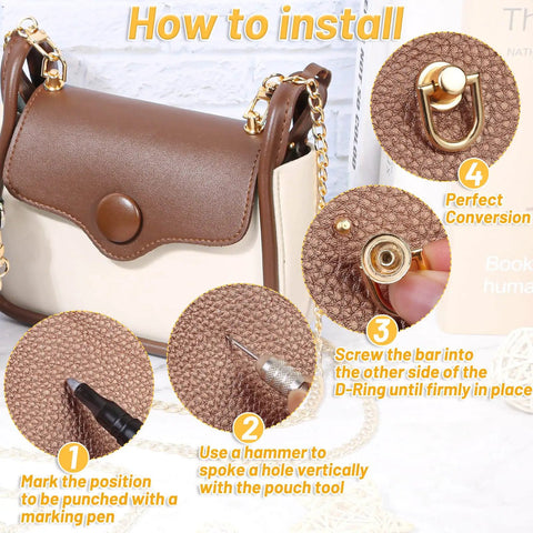 40 Piece D Ring Rivets For Leather Purses And Bags Gold Ball Studs With D Rings Dope Bag Hardware For DIY Purse Craft Crossbody Strap Attachments And Replacement Rivets installed on brown leather bag