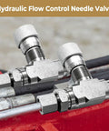 Hydraulic flow control needle valve installed on red machinery with tubing connections.