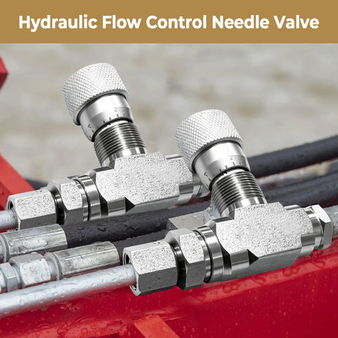 Hydraulic flow control needle valve installed on red machinery with tubing connections.