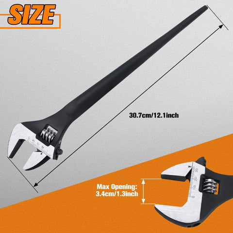 10 Inch Adjustable Spud Wrench With Black Oxide Finish, SAE And Metric Scale, Handles Up To 34mm Nuts And Bolts, sizing details