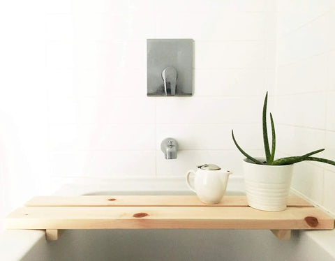 Hinoki Tub Bench Small For Bathroom Must Have, Water Ready Bath Stool Made From Japanese Cypress Hinoki Wood, plant and teapot on top
