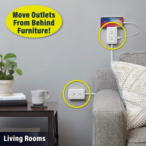 Presto Plug Outlet Extender With Built In Shelf, 4 Foot Cord, Peel And Stick Wall Mount used by sofa in living room