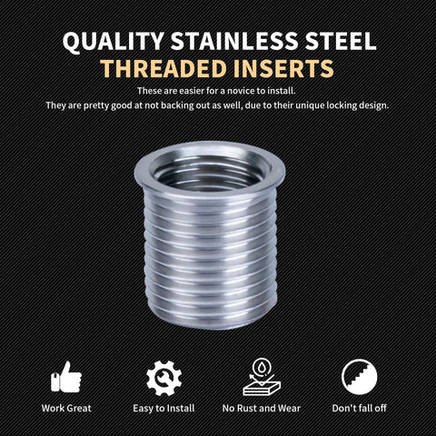 Close-up of a stainless steel threaded insert from M14X1.5 Thread Repair Kit With Stainless Steel Inserts Ten Pieces Includes Drill Tap Counterbore Install Driver And Guides In An EVA Box For Durable Pro Grade Metal Thread Restoration