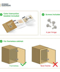 Soft Close Cabinet Hinge Set for Frameless Full Overlay Kitchen Cabinets, showing instructions, screws, and frameless compatibility