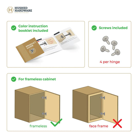 Soft Close Cabinet Hinge Set for Frameless Full Overlay Kitchen Cabinets, showing instructions, screws, and frameless compatibility