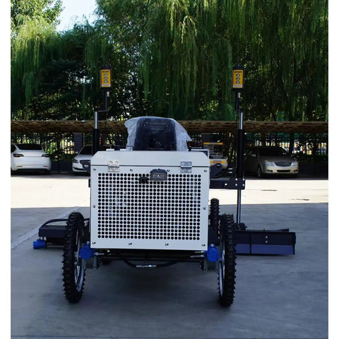 Front view of Customizable Automatic Concrete Screed and Ground Leveler for Paving and Grading, Versatile Multi Config Grading Machine for Construction, Farming, and Land Management, with Continuous Spatial Elevation Scan on wheeled frame