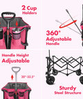 Diagram of Pink All Terrain Folding Wagon Cart With Big Wheels Heavy Duty Collapsible Utility Cart 225 Lb Capacity features