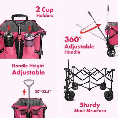 Diagram of Pink All Terrain Folding Wagon Cart With Big Wheels Heavy Duty Collapsible Utility Cart 225 Lb Capacity features