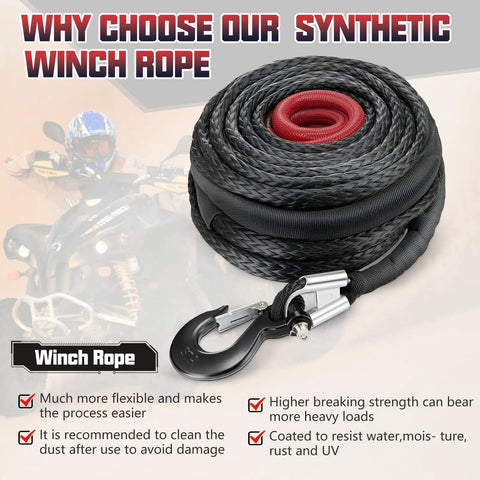 Half Inch By 100 Foot Synthetic Winch Rope Cable Kit For Off Road Trucks And ATVs 32000 Lbs Break Strength Black Protective Sleeve And Forged Hook Beefed Up Recovery Line coiled with forged hook
