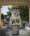 Outdoor Propane Fire Pit Table With Round Porcelain Tile Top 40,000 BTU Fire Bowl Column Auto Ignition Includes 400D Cover And Glass Rocks
