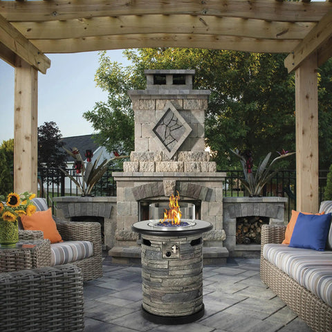 Outdoor Propane Fire Pit Table With Round Porcelain Tile Top 40,000 BTU Fire Bowl Column Auto Ignition Includes 400D Cover And Glass Rocks