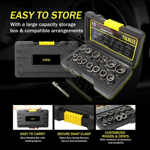 15 Piece Bolt Extractor Socket Set Built Like A Beast For Heavy Duty Nut Removal with storage case and impact rated sockets