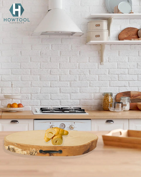 Oil Rubbed Black Utility Tray Pulls 10 Pack With Screws on a wooden cutting board in a kitchen setting.