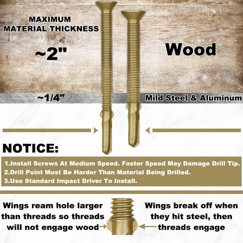 Diagram of two self-tapping deck screws with instructions for installing into wood, steel, and aluminum, showing material thickness.