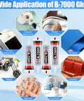 Clear Rhinestone Glue for Jewelry and Crafts, multi surface adhesive with images of various applications like shoes, metal, nails, 4x15 ml