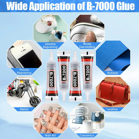 Clear Rhinestone Glue for Jewelry and Crafts, multi surface adhesive with images of various applications like shoes, metal, nails, 4x15 ml