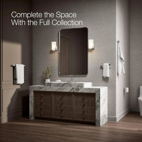 Modern bathroom with Avid 18 Inch Towel Bar In Vibrant Brushed Nickel Dope Modern Bath Hardware and marble vanity