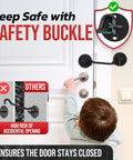 Heavy Duty 6 Inch Cabin Hook And Eye Latch With Safety Buckle, black latch on door with child reaching for handle