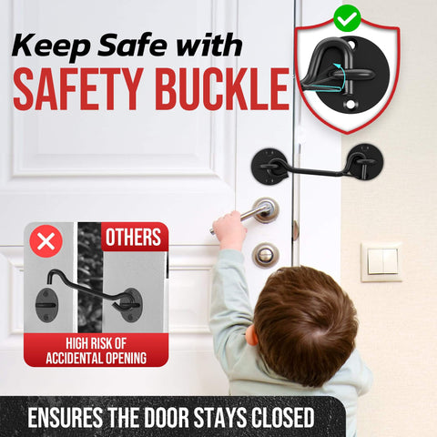 Heavy Duty 6 Inch Cabin Hook And Eye Latch With Safety Buckle, black latch on door with child reaching for handle