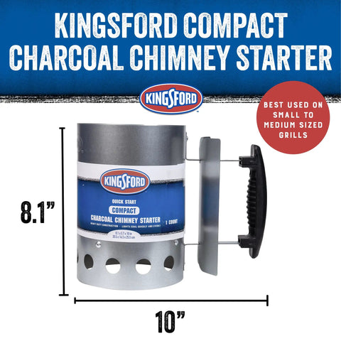 Compact Charcoal Chimney Starter For Grills And Barbecues, Quick Light, Stay Cool Handle, shown with measurements.