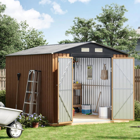 Heavy Duty Steel Garden Shed With Lockable Door And Clear Window, Rust Resistant Metal Tool Storage for Backyard Patio or Lawn