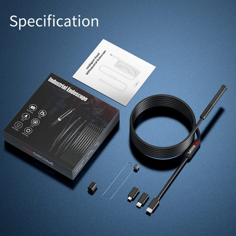 Endoscope Camera With Light 6 LED Lights Nine Point Eight Feet Semi Rigid Snake Cable IP67 Waterproof Borescope Packaging