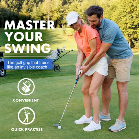 Couple using Golf Grip Trainer For Left And Right Handed Players, Durable Non Slip Practice Aid To Nail Your Hand Position And Swing Technique