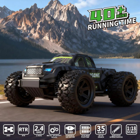 1/18 Scale Fast RC Car For Adults, 4WD All Terrain Beast Off Road Truck Reaching 35 KMH, RTR With 2 Batteries And 2.4 GHz Remote shown on mountain road