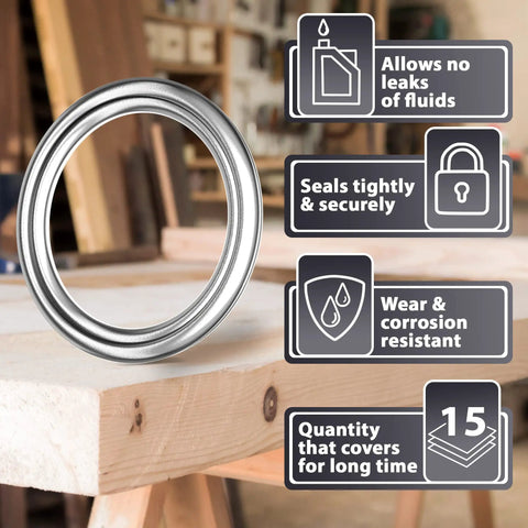 15 Piece Oil Drain Plug Crush Washer Set 14Mm Gasket Seals Heavy Duty Steel No Leak With Benefits Listed In Background