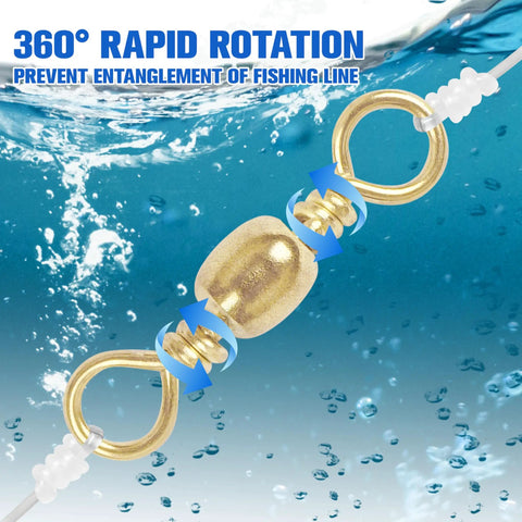 Heavy Duty Barrel Swivels With Solid Ring And Line Connector Copper And Stainless Steel Black Nickel Coat Rolling Ball Bearing 100 Piece Pack 35 To 105 Lb Test Ideal For Bass And Freshwater Fishing gold swivel with solid rings, 360° rotation