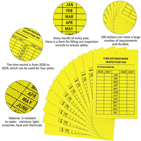 Top Shelf 50 Pack Fire Extinguisher Inspection Tags With Four Year Monthly Record Log to Keep Your Job Site Compliant, showing durable yellow tags.