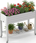 Raised Garden Bed On Wheels With Storage Shelf And Water Level Monitor filled with plants, tools on shelf, grayish white